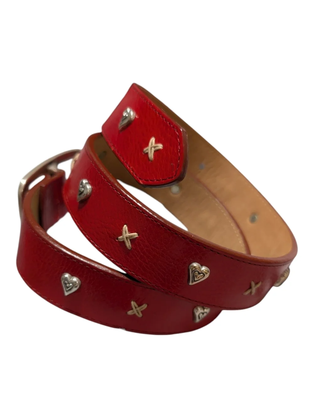 Brighton Vintage Red Leather Silver Heart Studded Western Belt